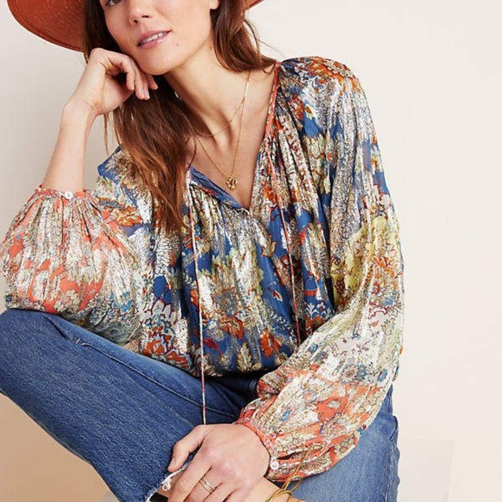 Anthropologie Verb Pallavi Singhee Stephania Shimmer Peasant Blouse Sz S New